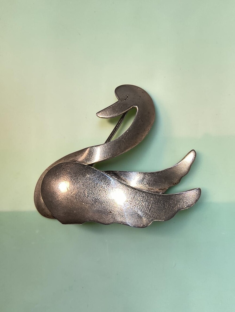 Vintage Artisan Signed Heavy Sterling Silver Whimsical Swan Brooch